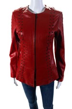 In Transit Womens Woven Leather Crew Neck Full Zip Jacket Red Size Medium