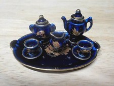 ANTIQUE VINTAGE LIMOGES COBALT BLUE  GOLD MINIATURE DOLLHOUSE 10 PIECE TEA SET
