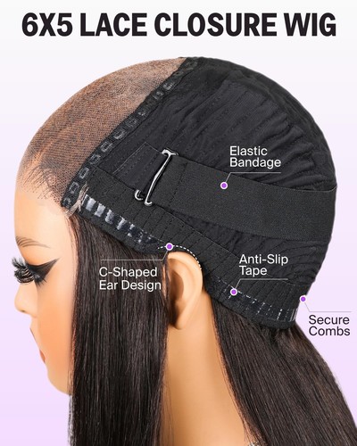 6x5 Wear and Go Glueless Wigs Human Hair Pre Plucked Pre Cut 220% Density Lac... - Picture 3 of 6