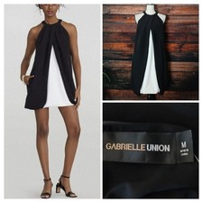Gabrielle Union Bubble Mini Dress M Black White Pleated Halter Pockets NEW 