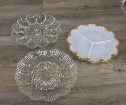 Vintage Deviled Egg Platter Lot 2 Clear Glass + Milk Glass Divided Serving Dish