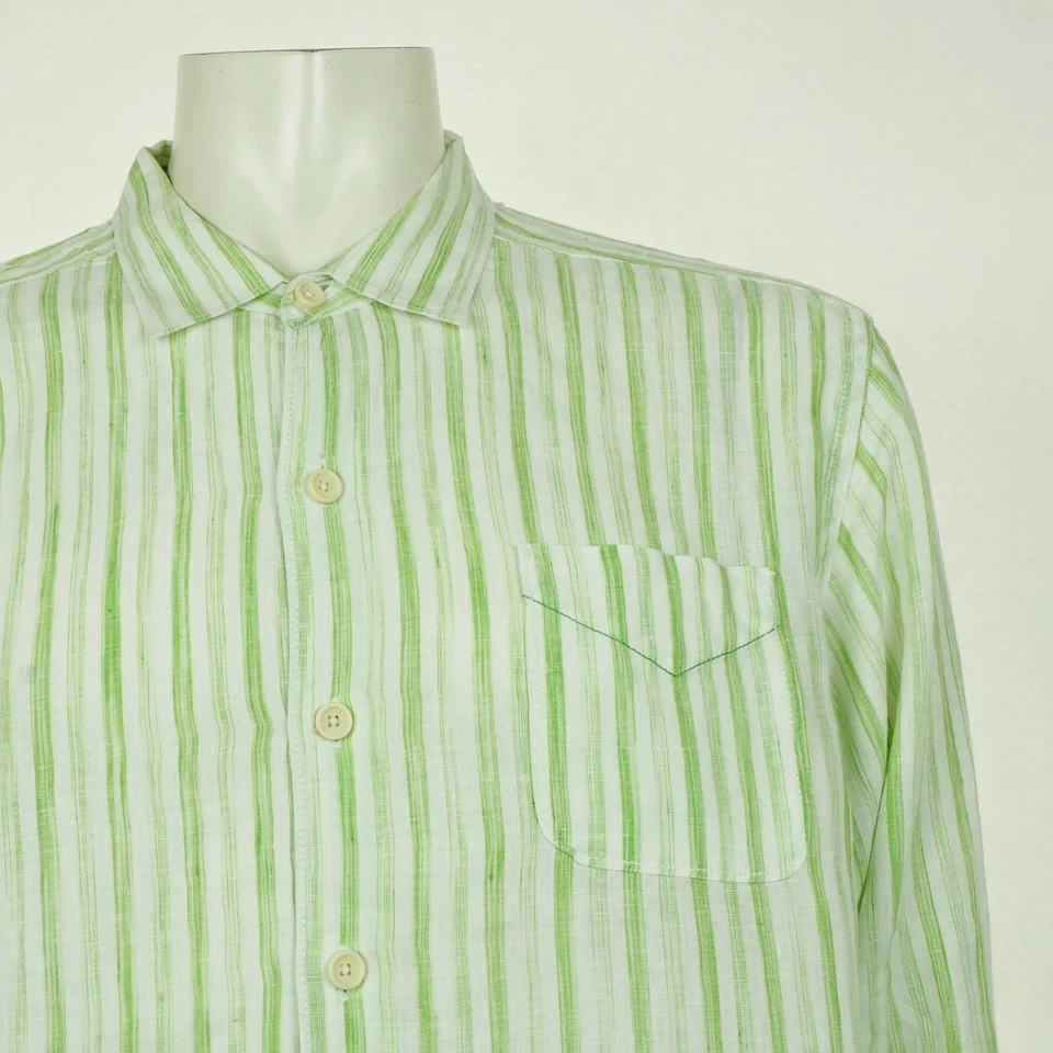 Tommy Bahama 放松纽扣衬衫男式 XL 绿色条纹 100% 亚麻旅行 — 第 2/3 张图片