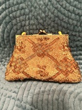 Vintage Small Gold Beaded Evening Bag Purse W KISS Lock