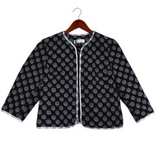 Kasper Black White Geometric Open Front Jacket Sz 14P Classic Retro Office Chic