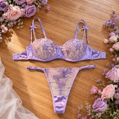 Purple Floral Lace Lingerie Set Women's Bra & Thong Satin Sheer Embroidery XL
