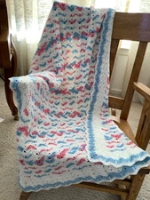 Handmade Baby Afghan Blanket Throw Crochet white, blue, pink  53”x34”