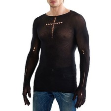 Men Black See Through Mesh Long Sleeve T Shirt O Neck Party Tops Average Size