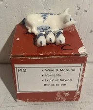 2.5” Porcelain Pig Figurine w/ 3 1” Piglets Hand Painted Blue & White