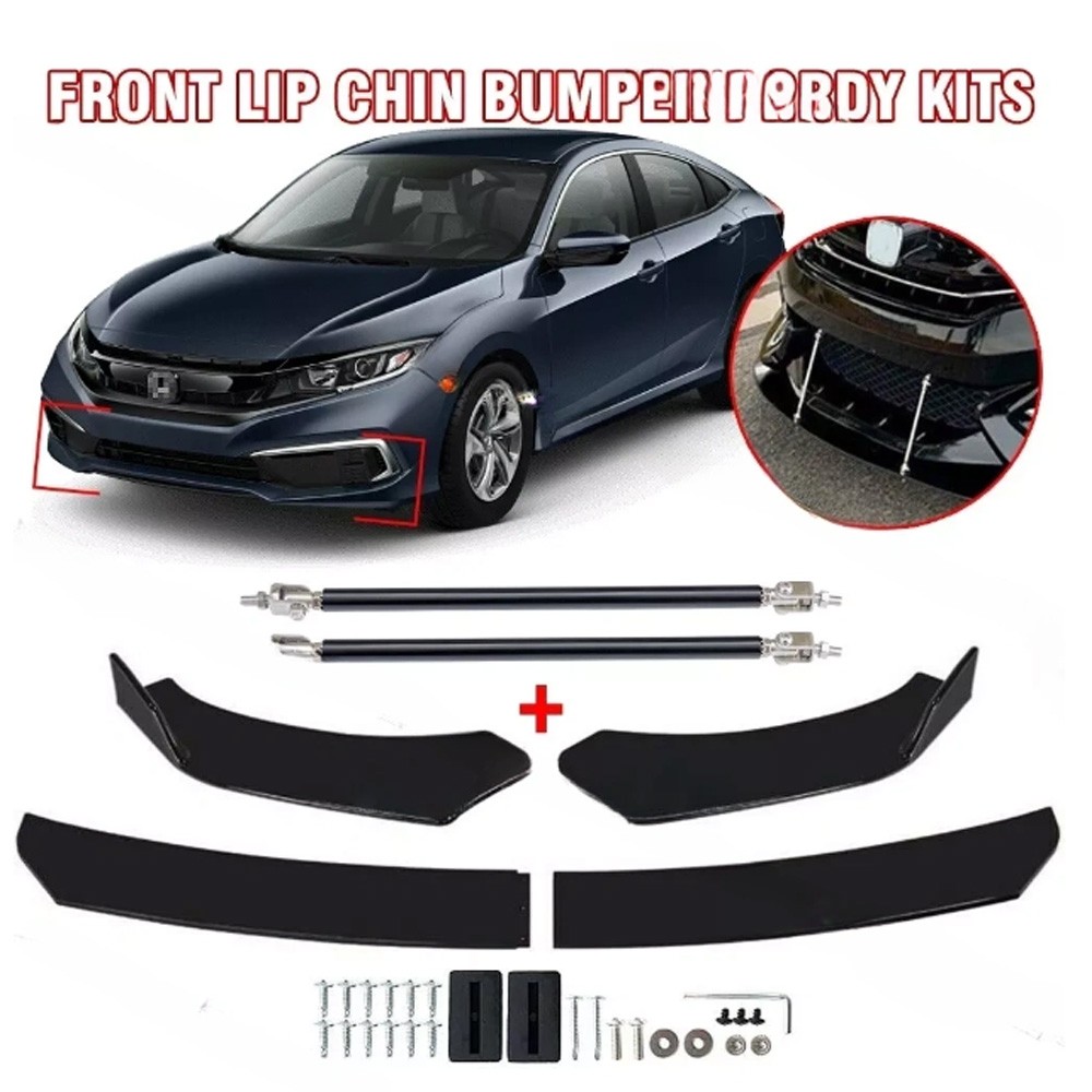 Front Bumper Lip Spoiler+ Rear Lip Glossy Black For Honda Civic 8th 9th Gen