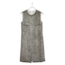 Chanel Cocomark Sleeveless Tweed Dress Size 40 White Black Rayon