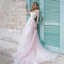 Customized Elegant Light Pink Lace Appliques Wedding Dresses Sweetheart Neckline