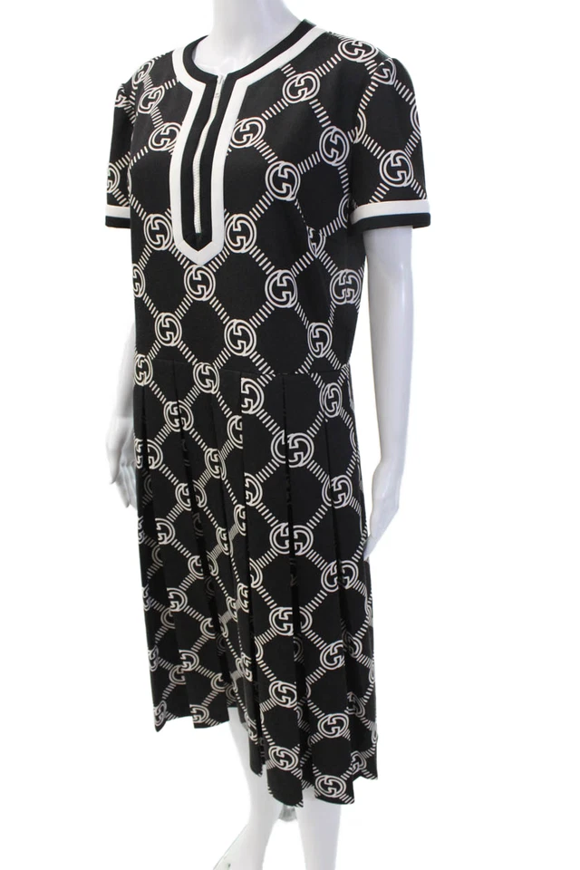 Gucci Women Shift Dress Black Geometric Full-Length Short Sleeve Zip Size XL - Image 2 of 4