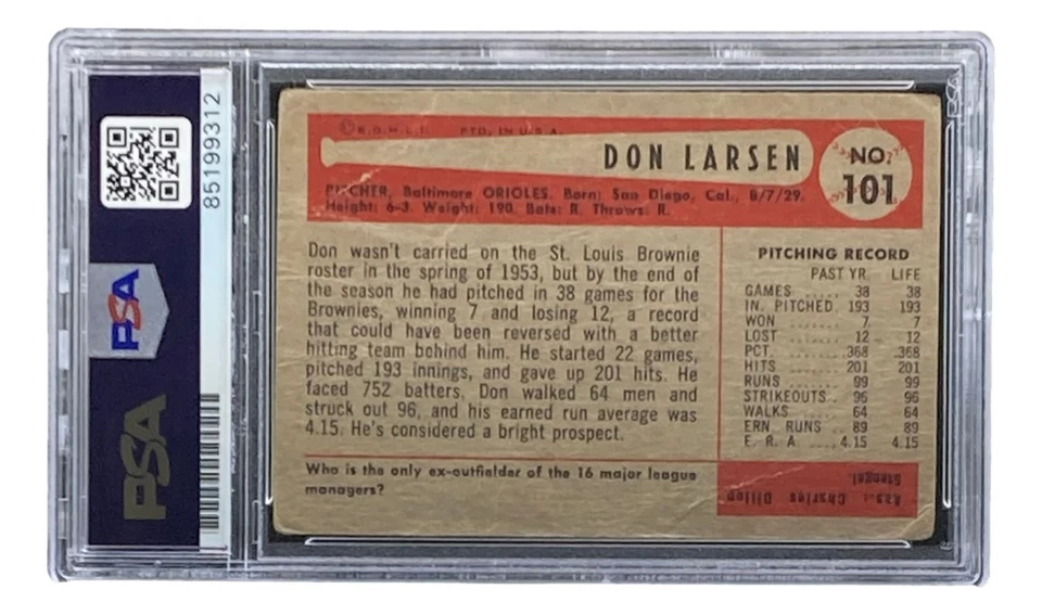 Don Larsen Signed 1954 Bowman #101 Baltimore Orioles Rookie Card PSA/DNA - Image 2 of 2