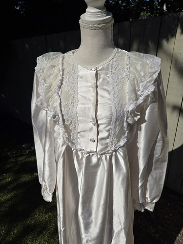 Vintage 80s Nightgown Womens Medium White Satin Lace Flannel Victorian Prairie - Picture 5 of 14