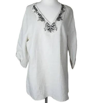 Canda Linen Cotton Tunic Top Size 18 Beaded Embellished Breathable Lightweight
