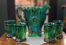 Mosser Glass Emerald Green Dahlia Water Set Pitcher + 4 Tumblers NEW Carnival...