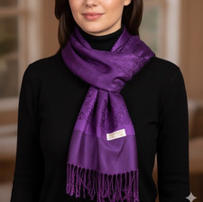 Echarpe pashmina Soie et Laine frange Etole châle  femme automne hiver violet