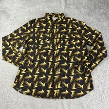 LL Bean Signature Shirt Womens 14 Black Bird Print Lightweight Flannel Cabincore