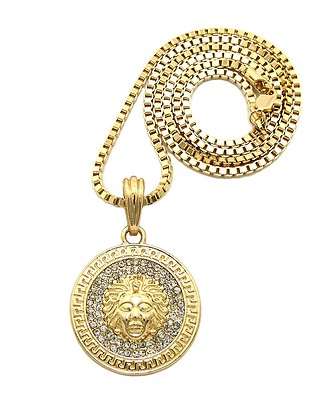 Stone Filled Round Medusa Face Pendant 2mm 24'' Box Chain Hip Hop Necklace RC55