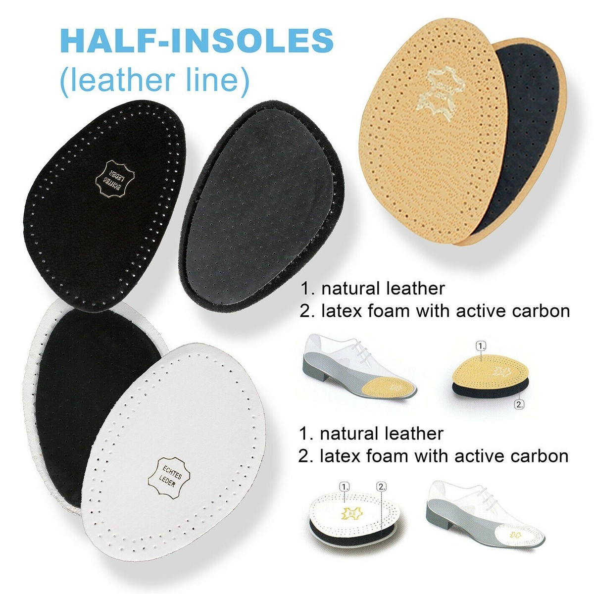 SHOES HALF INSOLE, LADIES AND MEN LEATHER INSOLES BLACK WHITE All sizes  Unisex