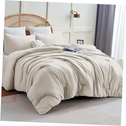 Comforter Set Size, 3 Pieces Boho Solid Breathable Quilted Style Queen Beige-image