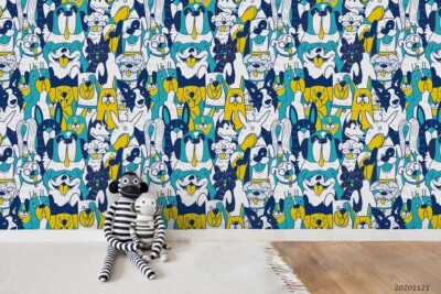 3D Dog Animal Doodle Pattern Self-adhesive Removable Wallpaper Murals