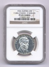 AUSTRIA 1964 PROOF 25 SCHILLINGS COIN, NGC PR65 GRILLPARZER 9 SHIELDS, KM#2895.2
