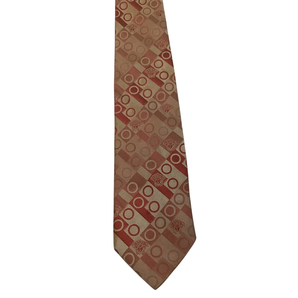 Corbata XL de seda para hombre GIANNI VERSACE ITALIA de lujo MEDUSA geométrica malva/bronceada usada en excelente estado Foto 2 de 3