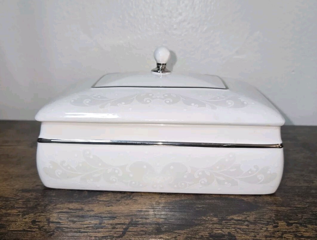 Lenox Opal Innocence Porcelain Jewelry Trinket Box with Silver Accent Details