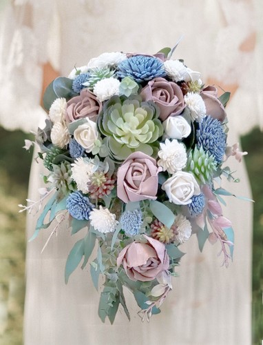 Sola Wood Bridal Cascade Bouquet Wedding Flowers Blue Pink Burgundy Yellow Gray - Picture 10 of 16