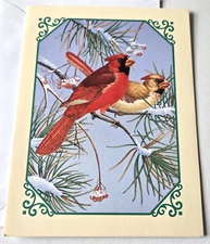 Vtg Christmas Card Blank Donald Two Otter Cardinals on Snowy Branch Current Inc