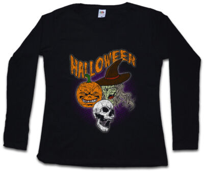 HALLOWEEN FACES DAMEN LANGARM T-SHIRT Witch Moon Halloween Face Dead Hexe Kürbis
