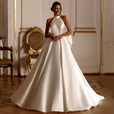 Halter Neck Wedding Dresses Sleeveless Backless Bow Pleated Satin Bridal Gowns