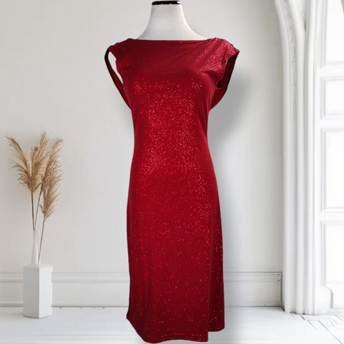 Vintage 90s Red Cocktail Dress Size M Glitter Knit Cowl Drape Bodycon - Picture 3 of 12