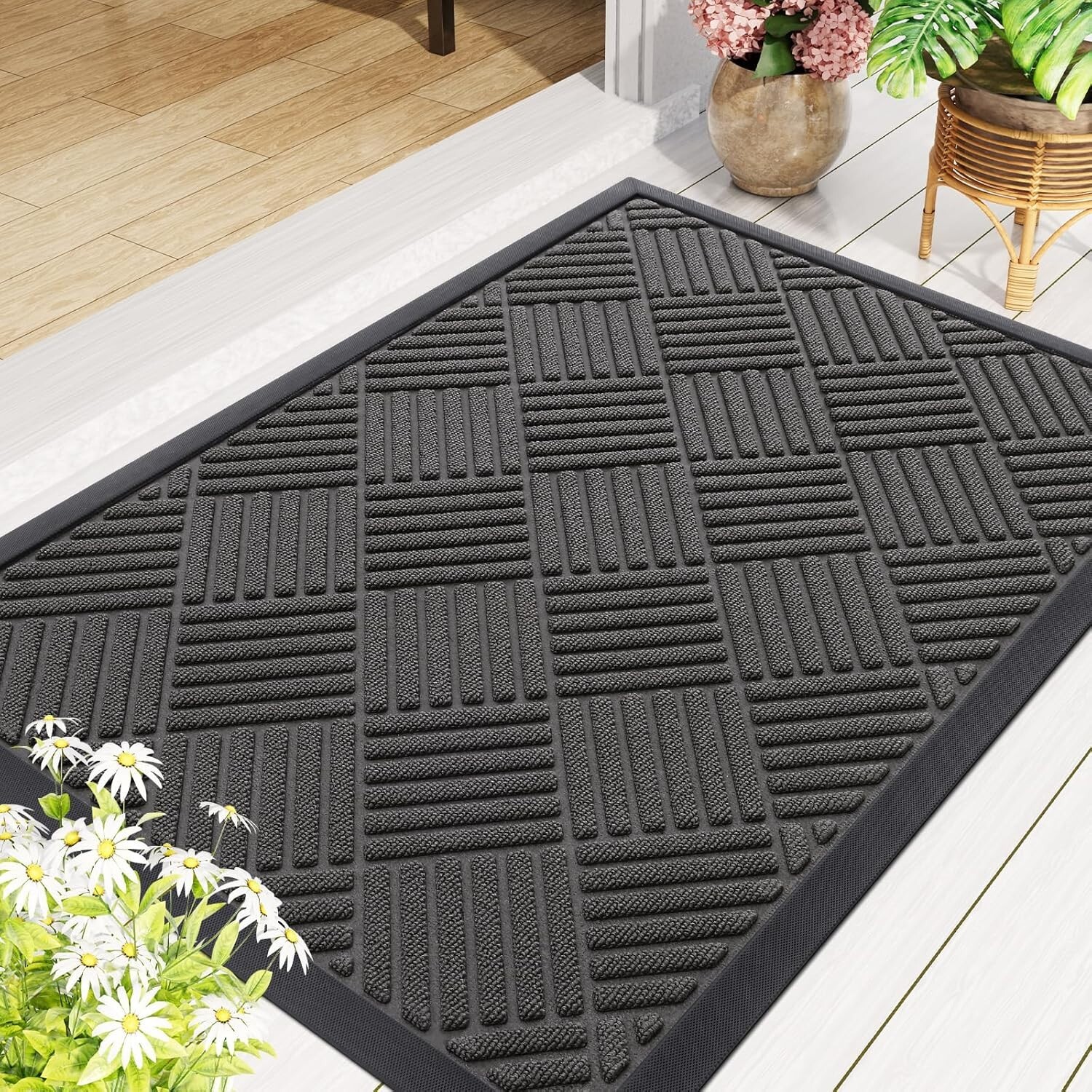 Front Door Mat outside Entrance, Heavy Duty Outdoor Indoor Mat, Natural Rubber