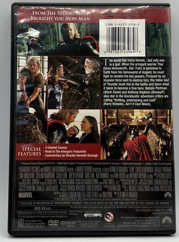 Thor DVD Widescreen Chris Hemsworth Natali Portman Tom Hiddleson Colm Feore 2011 - Picture 2 of 3
