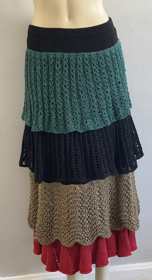 "Impresionante falda midi tejida mixta crochet multicolor única en su clase años 70 cintura 28""" Foto 2 de 4