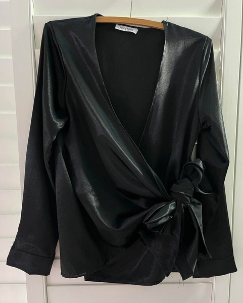 Women Hofstore Blouse Tee Shirt Long Sleeve Casual Wrap Belted Black