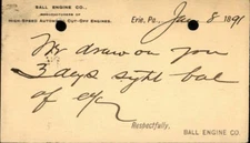 1891 ERIE Pennsylvania (PA) Postcard BALL ENGINE CO Postal Card