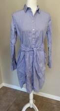 ANN TAYLOR womens Sm blue white striped tie front shirt dress cotton