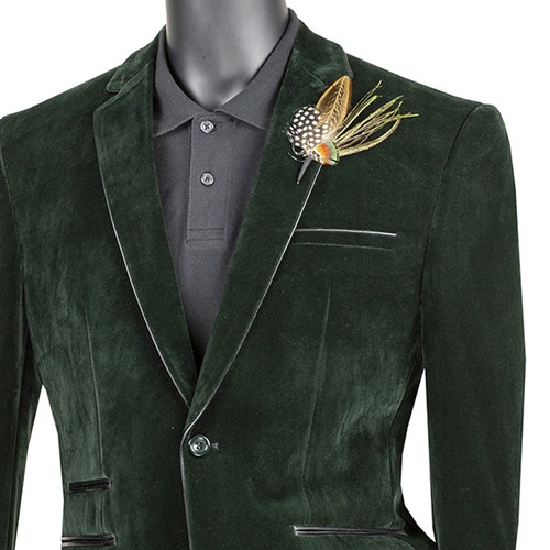 VINCI Men's Emerald Green Velvet 2 Button Slim Fit Blazer w/ Leather Trim NEW - Picture 2 of 3
