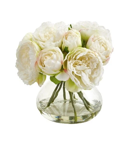 Peony decoración floral blanco de vidrio