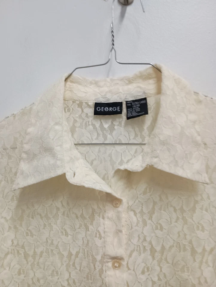 Винтажный 90-х George Топ женщин XL кремовый цветочный кружева длинным рукавом чистый фея романтический - Изображение 2 из 4