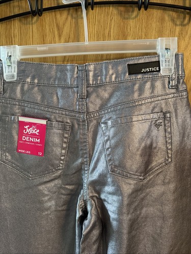Girls Justice Denim Wide Leg Silver Pleather Pants Size 12 New With Tags - Picture 4 of 6