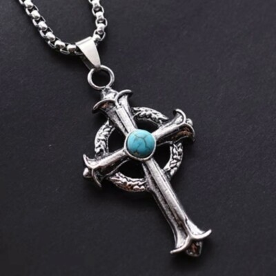Turquoise Celtic Cross Pendant Necklace Religious Jewelry Stainless Steel  Chain