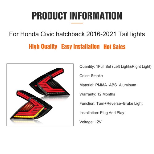 LED Tail Lights for Honda Civic 10th Gen Hatchback 2016-2021 Rear Lamp Assembly - Bild 2 von 16