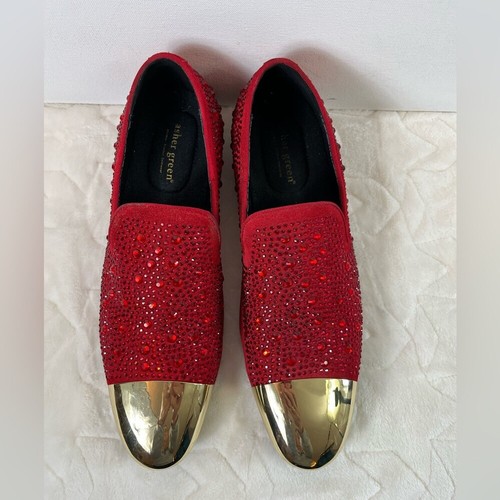 Asher Green Mens Red Crystal Covered Suede Gold Metal Cap-Toe Dress Shoes Sz 12 - Picture 2 of 16