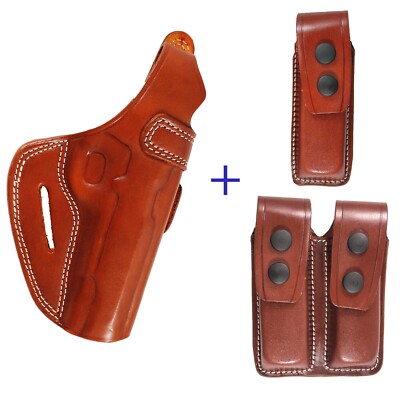 Real Leather Belt Scabbard Style Gun Holster With Magazine Pouch