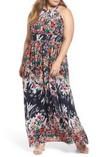 ELIZA J Navy Pink Floral Rose Print Halter Chiffon Maxi Gown Dress 18W = 2X 🌺
