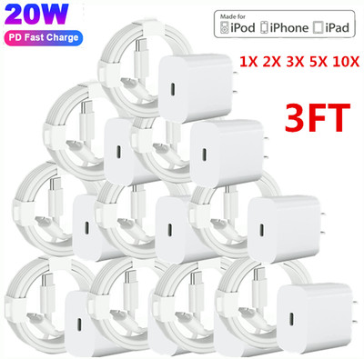 For iPhone 14 13 12 11 Pro XR Fast Charger Cord 20W USB-C Power Adapter Cube Lot